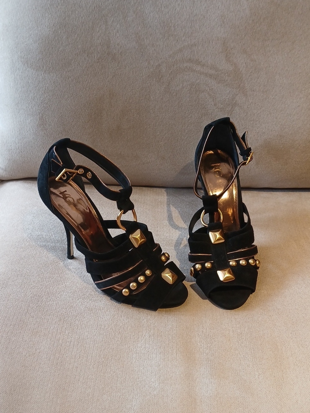 Kurt Geiger Black Suede Studded High-Heel Sandals with Gold Accents
